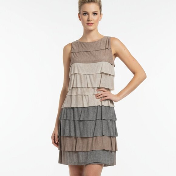 BCBGMAXAZRIA Tiered Ruffle Modal Dress | Heathered Neutral | Women’s Small - Picture 3 of 5